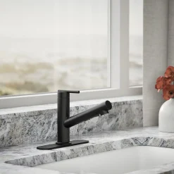 Pull-out kitchen sink faucet with three-function sprayhead