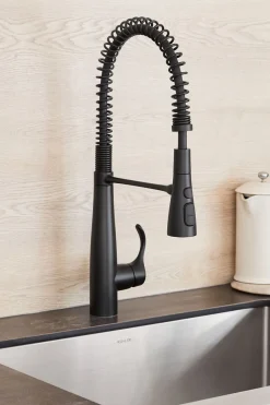 Semi-professional kitchen sink faucet with three-function sprayhead