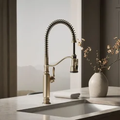 Semi-professional kitchen sink faucet with three-function sprayhead