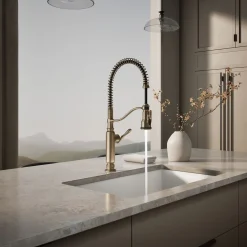 Semi-professional kitchen sink faucet with three-function sprayhead