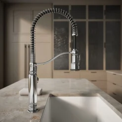 Semi-professional kitchen sink faucet with three-function sprayhead