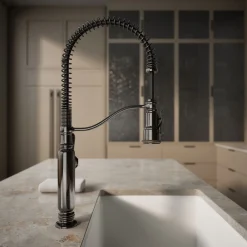 Semi-professional kitchen sink faucet with three-function sprayhead