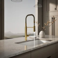 Semi-professional kitchen sink faucet with three-function sprayhead
