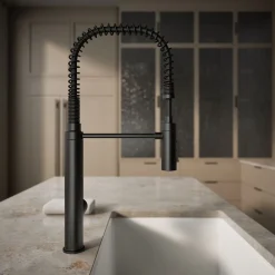Semi-professional kitchen sink faucet with three-function sprayhead