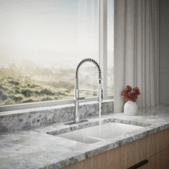 Semi-professional kitchen sink faucet with three-function sprayhead