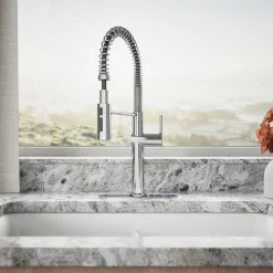 Semi-professional kitchen sink faucet with three-function sprayhead