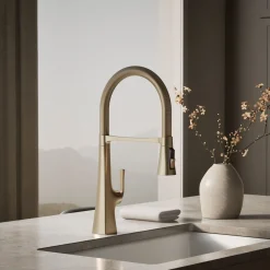 Semi-professional kitchen sink faucet with three-function sprayhead