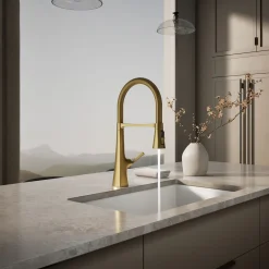 Semi-professional kitchen sink faucet with three-function sprayhead