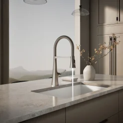 Semi-professional kitchen sink faucet with three-function sprayhead