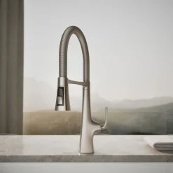 Semi-professional kitchen sink faucet with three-function sprayhead