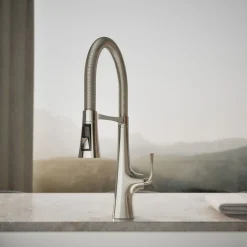 Semi-professional kitchen sink faucet with three-function sprayhead