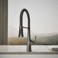 Semi-professional kitchen sink faucet with three-function sprayhead