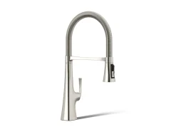 Semi-professional kitchen sink faucet with three-function sprayhead