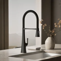 Semi-professional kitchen sink faucet with three-function sprayhead