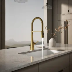Semi-professional kitchen sink faucet with three-function sprayhead
