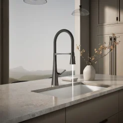 Semi-professional kitchen sink faucet with three-function sprayhead