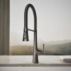Semi-professional kitchen sink faucet with three-function sprayhead