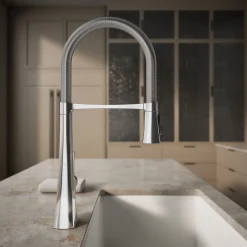 Semi-professional kitchen sink faucet with three-function sprayhead