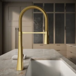 Semi-professional kitchen sink faucet with three-function sprayhead