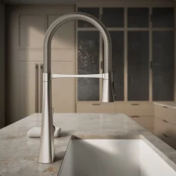 Semi-professional kitchen sink faucet with three-function sprayhead