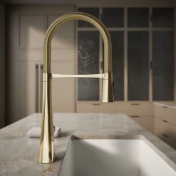 Semi-professional kitchen sink faucet with three-function sprayhead