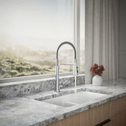 Semi-professional pull-down kitchen sink faucet with three-function sprayhead
