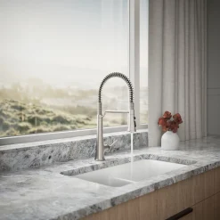 Semi-professional pull-down kitchen sink faucet with three-function sprayhead