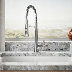 Semi-professional pull-down kitchen sink faucet with three-function sprayhead