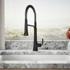 Semi-professional pull-down kitchen sink faucet with three-function sprayhead