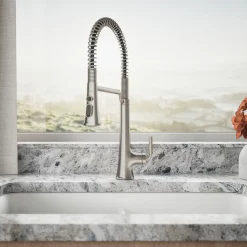 Semi-professional pull-down kitchen sink faucet with three-function sprayhead