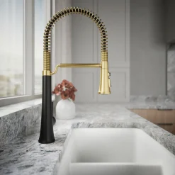 Semi-professional pull-down kitchen sink faucet with three-function sprayhead