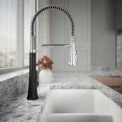 Semi-professional pull-down kitchen sink faucet with three-function sprayhead
