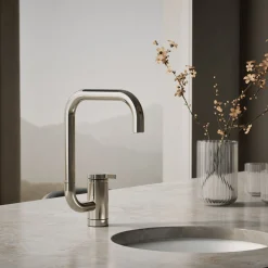 Single-handle bar sink faucet with two-function extended-reach spout