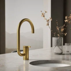 Single-handle bar sink faucet with two-function extended-reach spout