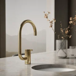 Single-handle bar sink faucet with two-function extended-reach spout
