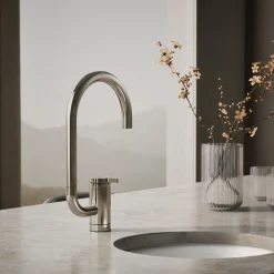 Single-handle bar sink faucet with two-function extended-reach spout