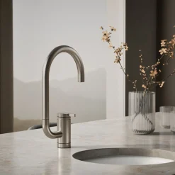 Single-handle bar sink faucet with two-function extended-reach spout