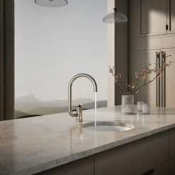 Single-handle bar sink faucet with two-function extended-reach spout