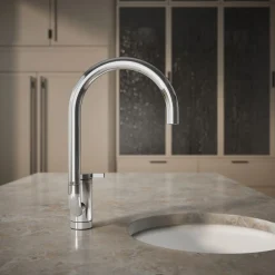 Single-handle bar sink faucet with two-function extended-reach spout