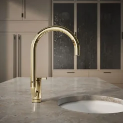 Single-handle bar sink faucet with two-function extended-reach spout
