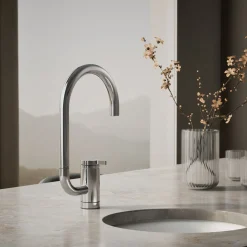 Single-handle bar sink faucet with two-function extended-reach spout