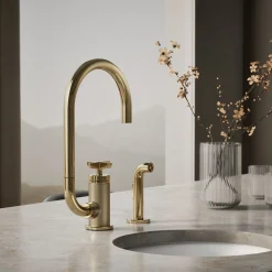 Single-handle bar sink faucet with two-function extended-reach spout and side sprayer
