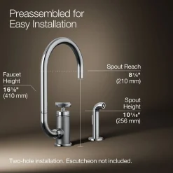 Single-handle bar sink faucet with two-function extended-reach spout and side sprayer