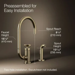 Single-handle bar sink faucet with two-function extended-reach spout and side sprayer