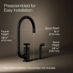Single-handle bar sink faucet with two-function extended-reach spout and side sprayer