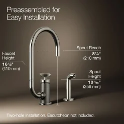 Single-handle bar sink faucet with two-function extended-reach spout and side sprayer