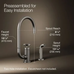 Single-handle bar sink faucet with two-function extended-reach spout and side sprayer