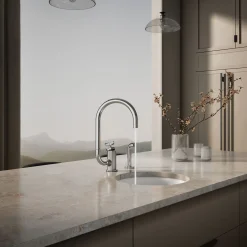 Single-handle bar sink faucet with two-function extended-reach spout and side sprayer