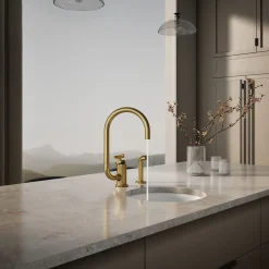 Single-handle bar sink faucet with two-function extended-reach spout and side sprayer