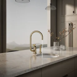 Single-handle bar sink faucet with two-function extended-reach spout and side sprayer